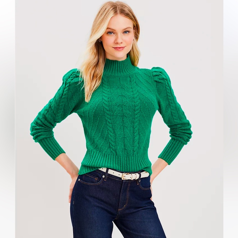Puff Sleeve Turtleneck Cable Sweater - Green, Loft P Sm